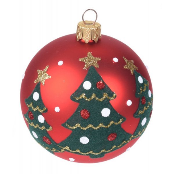 Χριστουγεννιάτικη Γυάλινη Μπάλα Κόκκινη με Δεντράκια (10cm)